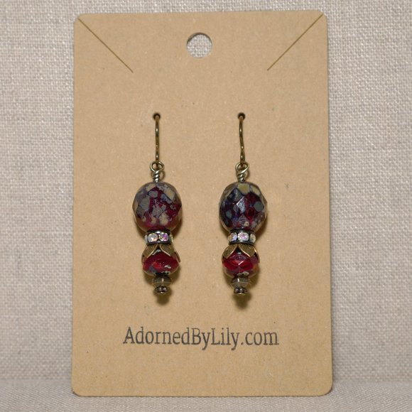 Hand Crafted Handmade Earrings Red Czech Glass & Rhinestone Long Earrings - Picture 2 of 5